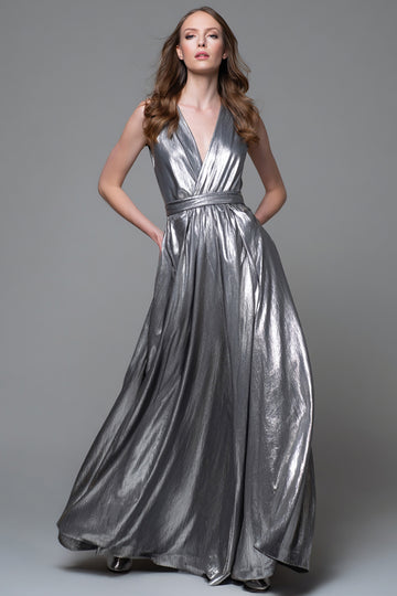 Silver A-Line V-Neck Long Formal Dress